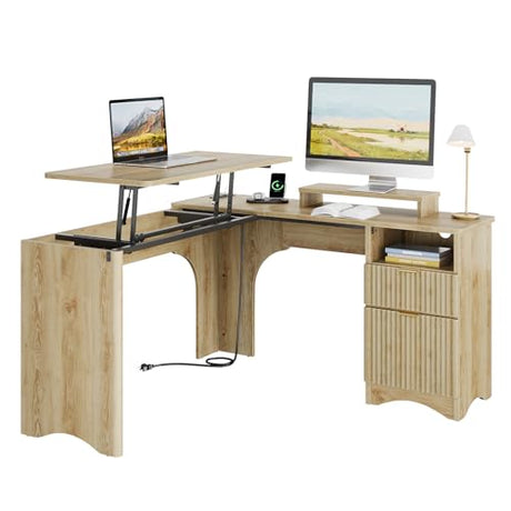 Bestier L Shaped Desk with Lift Desktop, 55 inch Corner Desk with Fluted Panel Deisgn Drawers, Modern Office Desk with File Drawer (Natual Oak, 55'' x 55'' Lift Top) Bestier