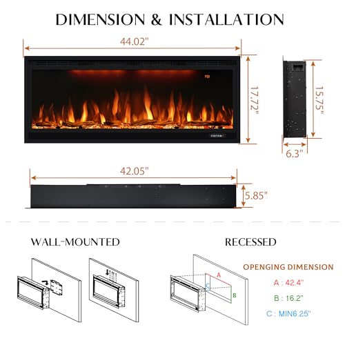 42 inch Smart Electric Fireplace with App Control, Wall Mount & in Wall recessed Fireplace Inserts, Multicolor Flame w/Realistic Log &Crystals, Overheating Protection and Timer, 750W/1500W, Black Dreamflame