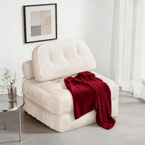 NESLAKO Folding Sofa Bed, Flannel Futon Couch Bed with Pillow and Blanket, Convertible Sleeper Chair for Living Room Bedroom, White NESLAKO