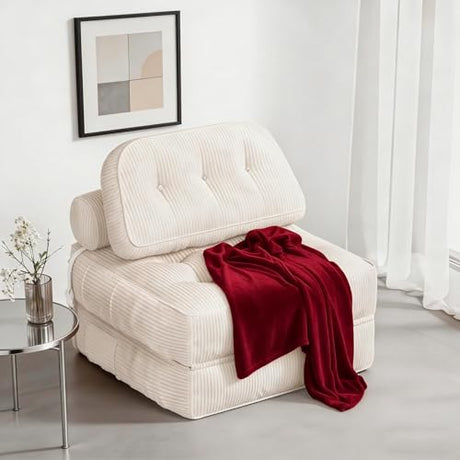 NESLAKO Folding Sofa Bed, Flannel Futon Couch Bed with Pillow and Blanket, Convertible Sleeper Chair for Living Room Bedroom, White NESLAKO