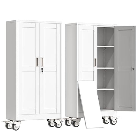 erosoei 61" H Metal Garage Storage Cabinet, Rolling Tool Cabinet with 2 Doors and Wheels, Locker Steel Cabinet with 3 Adjustable Shelves, Organization Cabinet for Garage,Office,Home,Gym,School（White） erosoei