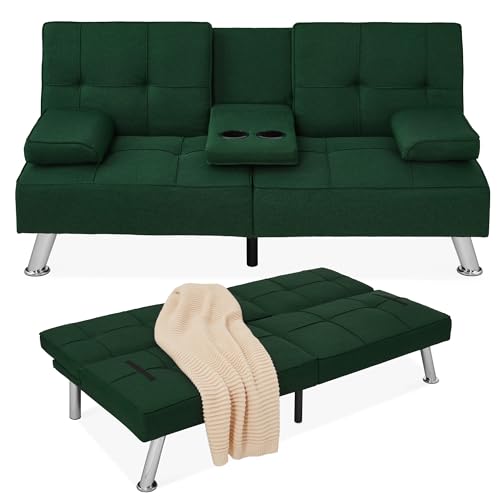 Best Choice Products Linen Modern Folding Futon, Reclining Sofa Bed for Apartment, Dorm w/Removable Armrests, 2 Cupholders - Dark Green Best Choice Products