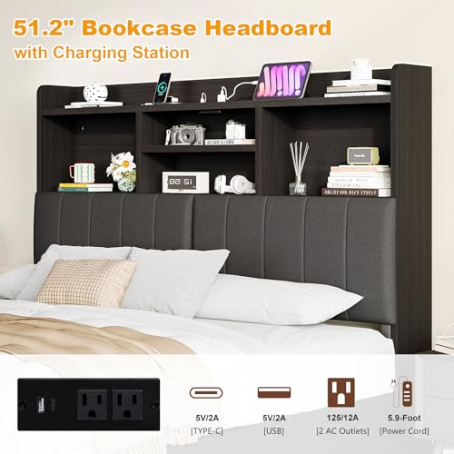 YUMPIE King Bed Frame with Bookcase Headboard and LED Lighting, Black Upholstered Platform Bed with Storage Drawers and Charging Station YUMPIE