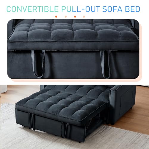 3 in 1 Convertible Sleeper Sofa Bed, Futon Couches for Living Room with Side Pocket | Adjustable Backrest| Velvet Fabric | Pull Out Couch | Love seat Sofa|2-seat Sofa Bed (Black) Generic