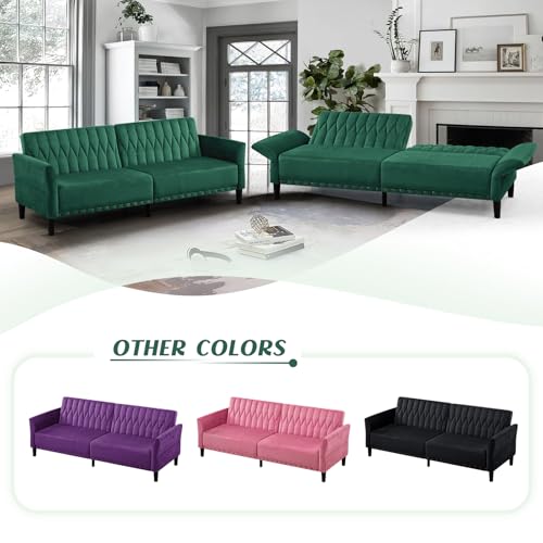 Lesofair 77" Velvet Sleeper Couch with Adjustable Backrests & Armrests, Modern Sofa Bed with Nailhead Trim, Tufted Loveseat Sofa with Deeper Seat for Living Room,Office,Green Lesofair
