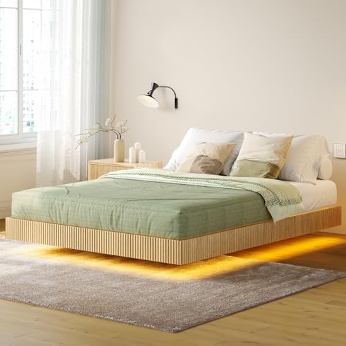 Tatub Natural Queen Floating Bed Frame with LED Lights, Modern Fluted Oak Platform Bed Frame Floating, Heavy Duty Metal Slats, No Box Spring Required Tatub