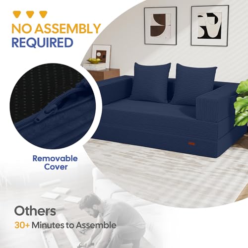 COMAX Futon Sofa Bed, 4‑in‑1 Convertible Sofa Bed, Folding Boneless Couches for Living Room, Fold Out Small Foldable Loveseat Floor Sleeper Comfy Mattress Lounge Space‑Saving, Navy Blue COMAX