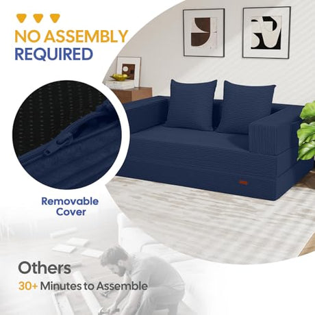 COMAX Futon Sofa Bed, 4‑in‑1 Convertible Sofa Bed, Folding Boneless Couches for Living Room, Fold Out Small Foldable Loveseat Floor Sleeper Comfy Mattress Lounge Space‑Saving, Navy Blue COMAX