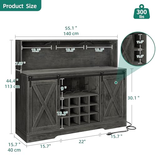 YITAHOME Farmhouse Coffee Bar Cabinet w/Power Outlets LED Lights 55" Sideboard Buffet Cabinet w/Sliding Barn Door Wine and Glass Rack Home Liquor Bar Cabinet with Storage Shelves for Kitchen, - WoodArtSupply