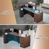 L-Shaped Modern Large Wooden Commercial Reception Desk with Counter & Shelves, Front Reception Desk Counter Table with Storage, Drawers for Offices,Home (Brown + Black, Left- 71''L x 42''W x 41''H) Drexo