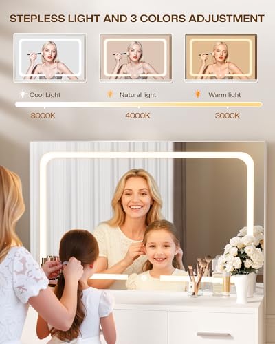 LIVELYGLOW Vanity Desk with LED Mirror, Makeup Vanity with Drawer and Cushion Stool, Dressing Table for Bedrrom, White LIVELYGLOW