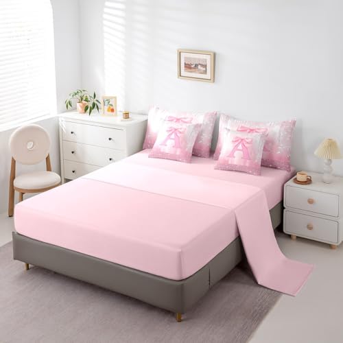 Feelyou Kids Pink Bowknot Bed in A Bag Full Size, Personalized Initial A Comforter Set with Sheets Princess Glitter 7 Pieces Bedding Set Boys Girls Bow Alphabet Teens Bed Set Bedroom Decor 7Pcs Feelyou