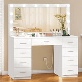 Quimoo Vanity Desk with Large Lighted Mirror and Power Outlet, 46" Makeup Vanity with 9 Drawers and Glass Desktop, Vanity Table with 12 LED Lights, 3 Lighting Color Adjustable (White) Quimoo
