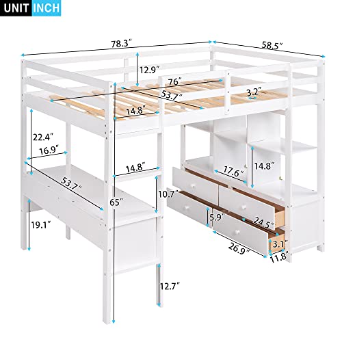 BOVZA White Full Size Loft Bed with Built-in Desk, Drawers, and Storage Shelves