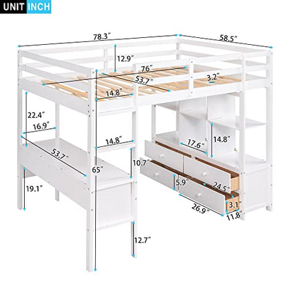 BOVZA White Full Size Loft Bed with Built-in Desk, Drawers, and Storage Shelves