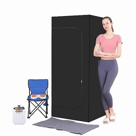 Full Body Personal Home Sauna Box, Portable Steam Saunas Tent, 1100W & 3L Sauna Steamer, Remote Control, Foldable Chair(Black) Cofute