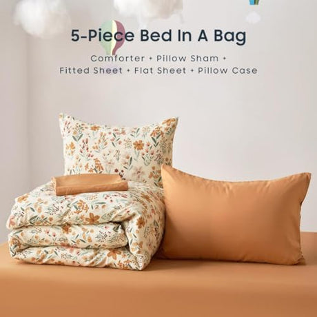 Wake In Cloud - Floral Bedding Set for Girls, Cute Colorful Botanical Flowers Patterned Soft Lightweight Comforter Set with Sheets, 5 Pieces Kids Bed in a Bag, Orange Cream, Twin Size Wake In Cloud