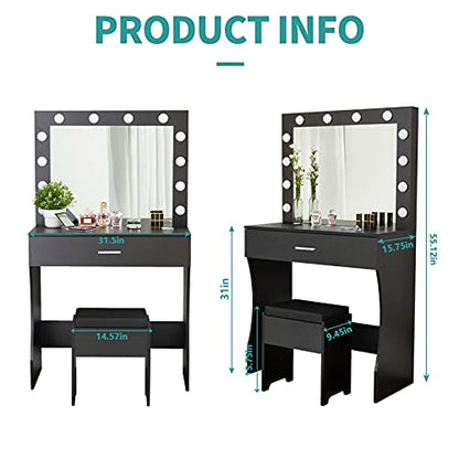 Titoni Vanity Desk, Makeup Vanity Desk Storage with Mirror, Lights for Bedroom (Black)