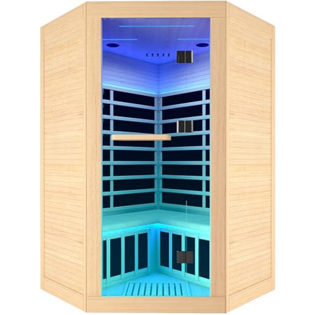 Indoor Sauna Two Person Far Infrared Saunas for Home 1 - 3 Person Wood Sauna Canadian Hemlock 2180W/110V Low EMF Dry Sauna Room with Oxygen Bar/7 Color Therapy/9 Heating Plates/Control Panel/Speaker HOSAUNA
