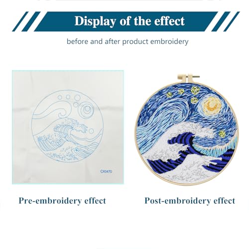 Zhenqing Wave & Starry Sky Embroidery Kit - 29x29cm Printed Fabric, Hoop & Full Tools for Beginners(S-CX0470)