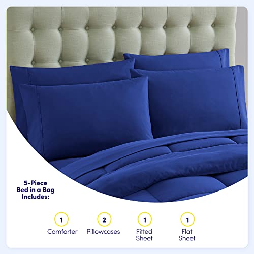 Sweet Home Collection 5 Piece Comforter Set Bag Solid Color All Season Soft Down Alternative Blanket & Luxurious Microfiber Bed Sheets, Royal Blue, Twin Sweet Home Collection