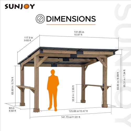 Sunjoy Wooden Grill Gazebo 10 ft. x 12 ft. Outdoor Cedar Frame BBQ Gazebo, Backyard Hot Tub Gazebo with Metal Hardtop Roof, Exclusive PowerPort and Bar Shelves Sunjoy