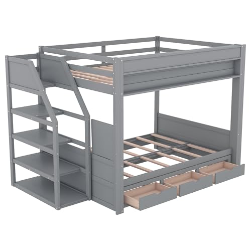 HRJHLucky Full Size Convertible Futon Bunk Bed with Storage Staircase, Bedside Table and 3 Drawers (Gray) HRJHLucky