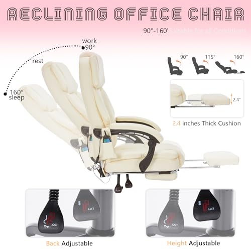 Massage Office Chair with Foot Rest 6 Points Vibration and Heat Home Office Desk Chairs for Heavy People 400lbs Reclining Managerial Chairs Ergonomic Executive Chair (Cream) HESL