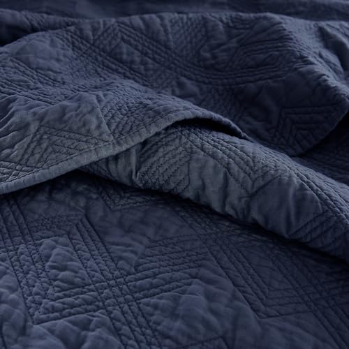 WDCOZY 100% Cotton King Size Quilt Set - Navy Blue Pre-Washed Soft Lightweight Modern Bedspread, Farmhouse Country Rustic Coverlet, Textured Like Linen, Shabby Chic Gauze Bedding, 3 Pieces WDCOZY