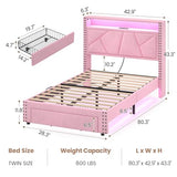 MSmask Twin Bed Frames with LED Lights, Storage Headboard with Charging Station, Drawers, Upholstered Bed Twin Size with Solid Wood Slat, No Box Spring Needed, Easy Assembly, Pink MSmask