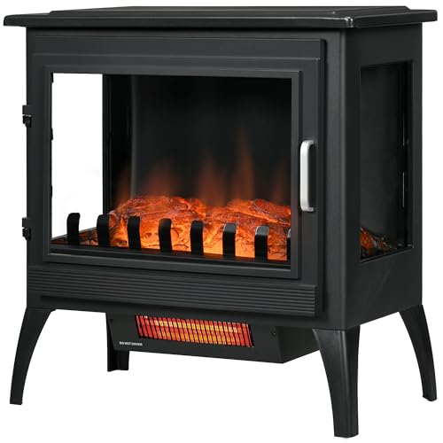 HOMCOM 24" Electric Fireplace Stove, Freestanding Infrared Fire Place Heater with Realistic Logs Flame, Adjustable Temperature, Overheat Protection, 1000W/1500W, Black HOMCOM