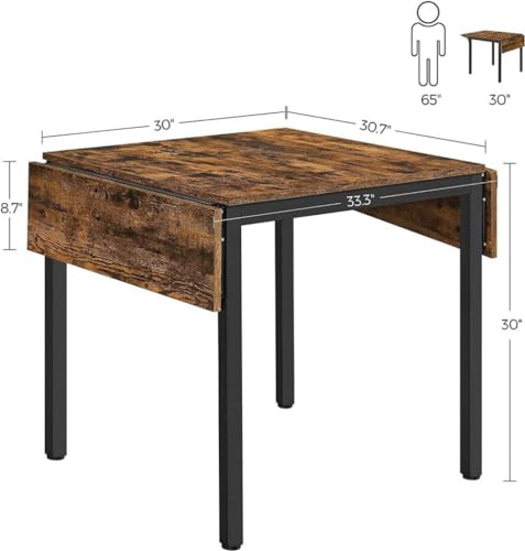 VASAGLE Folding Dining Table, Drop Leaf Extendable, for Small Spaces, Seats 2-4 People, Industrial, 33.3 x 30.7 x 30 Inches,Brown VASAGLE