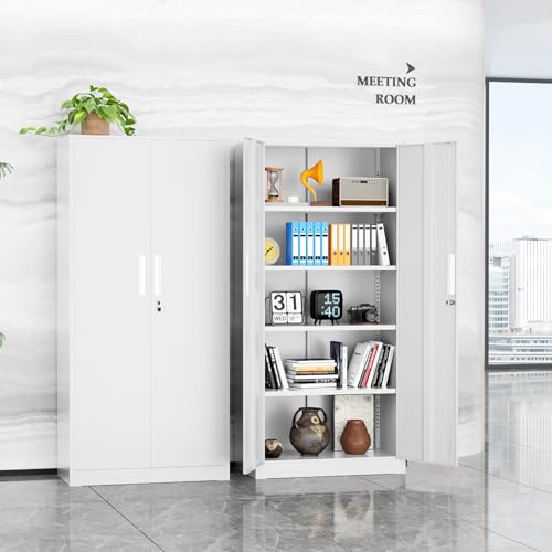 Crownland 72" Metal Office Storage Locking Cabinet, Lockable Garage Storage Cabinets, High Office Storage Cabinet with Adjustable Shelves for Garage(White) Crownland
