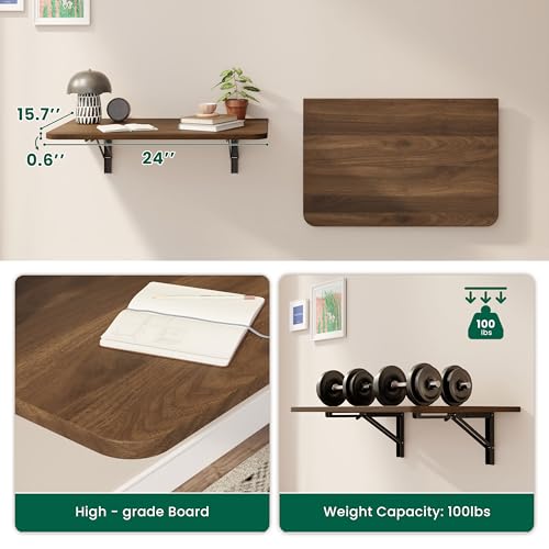 Dogsky Wall Mounted Folding Table, Floating Desk 24x15.7Inch, Fold Down Shelf Wall Mounted with Heavy Iron Brackets, Foldable Table for Launrdy Room, Office Study Work Bench, Kitchen Dining, Walnut Dogsky