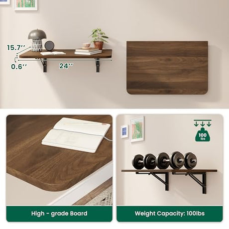 Dogsky Wall Mounted Folding Table, Floating Desk 24x15.7Inch, Fold Down Shelf Wall Mounted with Heavy Iron Brackets, Foldable Table for Launrdy Room, Office Study Work Bench, Kitchen Dining, Walnut Dogsky
