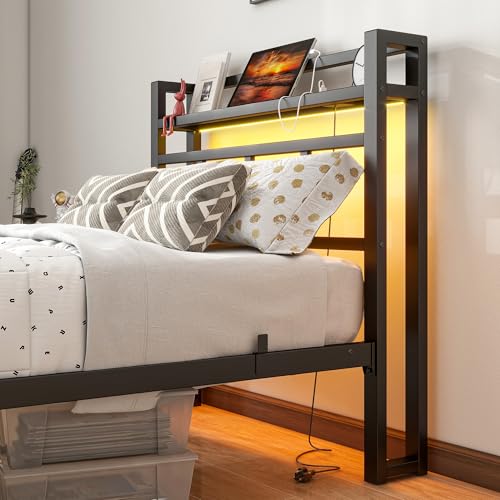 Maliacife Twin Bed Frame with Headboard,Single Bed Frame with Charging Station and LED Lights,Metal Platform Bed Twin Sizes,No Box Spring Needed,Easy Assembly,Black (Black, Twin) Maliacife