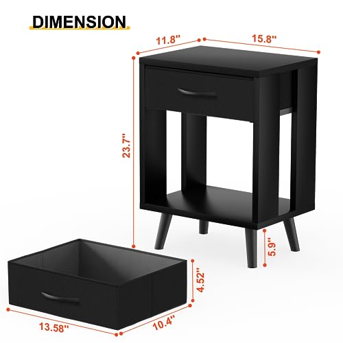 GYIIYUO Nightstands Set of 2 with Fabric Storage Drawer and Open Wood Shelf, Side Table with Storage for Bedroom, Night Stand with Drawer for Bedroom, Bedside Tables - Black 24" H GYIIYUO