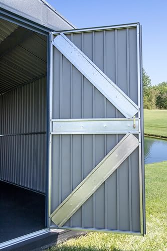 Arrow Shed Elite 14' x 14' Tall Outdoor Steel Storage Shed with High Gable and Lockable Doors Storage Building, Blue Grey Arrow