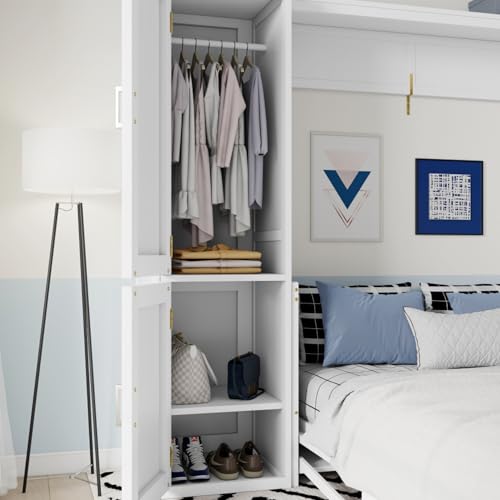 DNChuan Queen Size Horizontal Murphy Bed with Desk and Convertible Wardrobe, Foldable Wall Bed with Cabinet Built-in Doors, Charging Station, Space Saving, White DNChuan