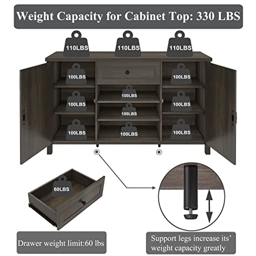FATORRI Industrial Coffee Bar Cabinet with Wine Rack, Wood Buffet and Sideboard with Storage Cabinet, Rustic Credenza Cupboard for Kitchen Dining Room (55.12 Inch, Walnut Brown) FATORRI