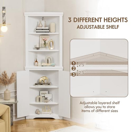 Flamaker Corner Cabinet, Corner Shelf with 2 Barn Doors and 3 Shelves, Freestanding Storage Cabinet with Adjustable Dividers for Bathroom, Living Flamaker