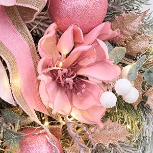 22inch Christmas Pink Wreath for Front Door with 30 LED Lights,Elegant Magnolia Christmas Door Wreath,Festive Holiday Decor, Frosted Winter Pink Decorations for Wedding Vofuly