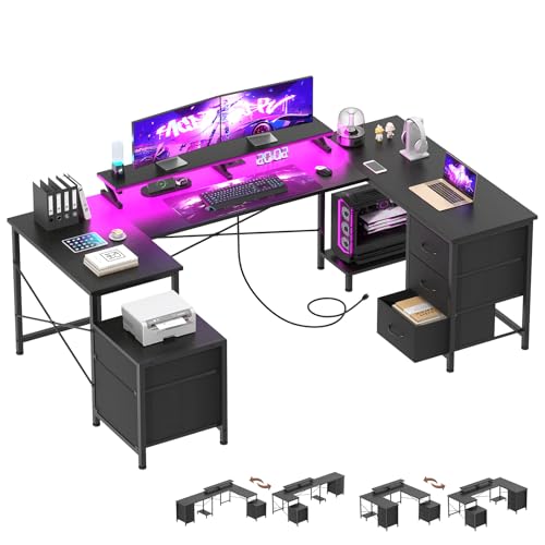 U Shaped Gaming Desk, Reversible L Shaped Computer Desk with Power Outlets & USB Ports, LED Strip & Monitor Stand with Fabric Drawers, Large Corner Desk with Storage Shelves for Home Office, Black iabifo