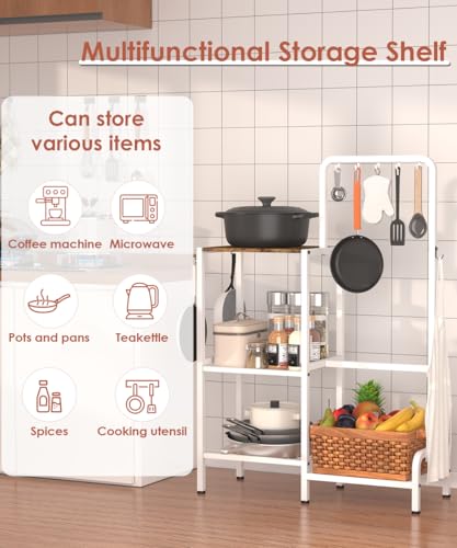mocomax Kitchen Stand Shelf with Storage, 3-Tier Utility Baker's Rack for Spices, Adjustable Coffee Bar Station with 8 Hooks, Space-Saving Microwave Oven Stand for Pots, Pans & Utensils, White mocomax