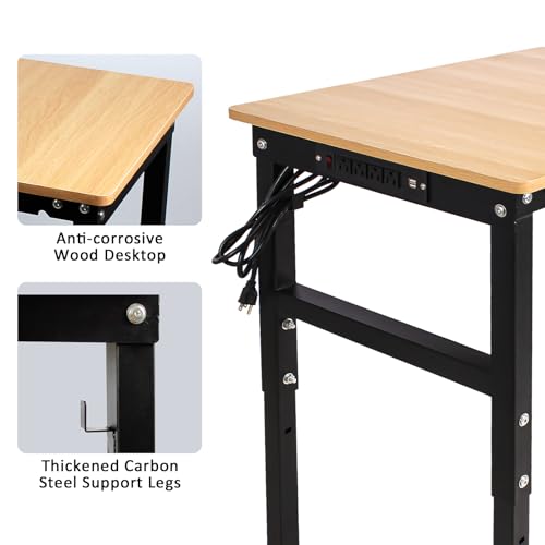 60'' Adjustable Workbench with Power Outlet, 2000 Lbs Capacity Work Benches for Garage, Wood Heavy Duty Work Bench,Shop Table for Shop Office Home Commercial FORJAMINT
