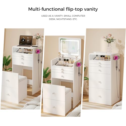 VOWNER 3-in-1 Vanity Desk with Flip Top LED Light Mirror and Glass Desktop, Small Makeup Vanity with 3 Drawers, Compact Dressing Table with Stool for Bedroom, White 19" L VOWNER