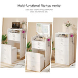 VOWNER 3-in-1 Vanity Desk with Flip Top LED Light Mirror and Glass Desktop, Small Makeup Vanity with 3 Drawers, Compact Dressing Table with Stool for Bedroom, White 19" L VOWNER