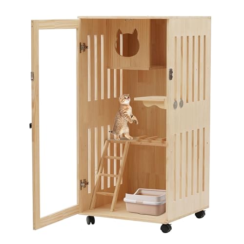 FONSOLUM Large Wooden Cat House with LED Light, Multi-Feature Cats Cage Cat Condo with Scratching Post and Wheels, Catio Cat Enclosure Cat Shelter for Indoor and Outdoor(24 * 24 * 47In) FONSOLUM