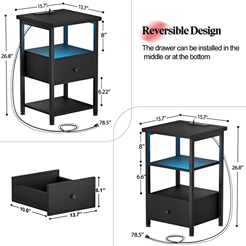 Girapow Nightstands Set of 2, 3-Tier Nightstand with LED Lights, 26.8'' Nightstands with Charging Station and USB Ports, Adjustable Wood Drawer, End Table Bedside Table with Storage for Bedro - WoodArtSupply