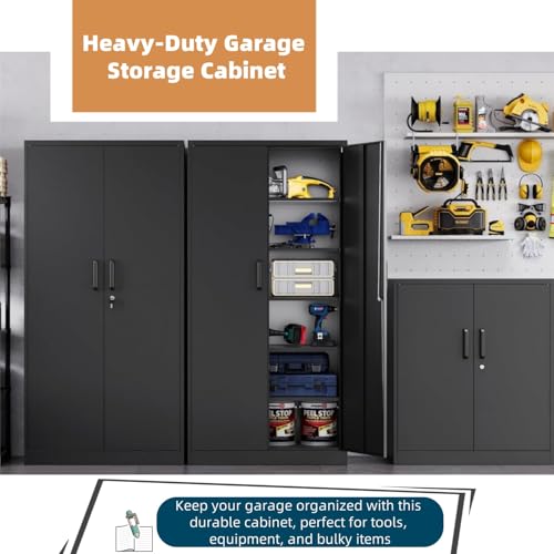 GUIZEEOPO Garage Storage Cabinet with Doors and Shelves, Metal Storage Cabinet with 5 Adjustable Shelves, Kitchen Pantry Cabinet, File Cabinets for Home Office, Filing Cabinet, 71'H, Matte Black GUIZEEOPO